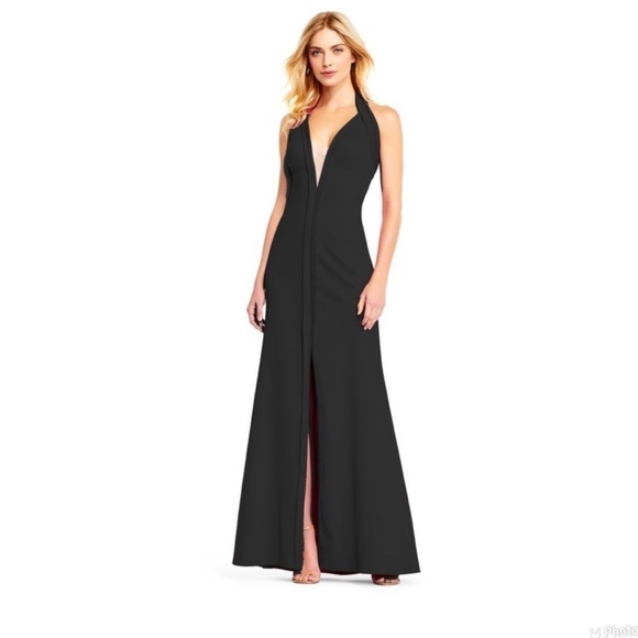 Aidan Mattox Crepe Halter Gown Plunging Illusion V-Neckline Dress - Picture 1 of 10